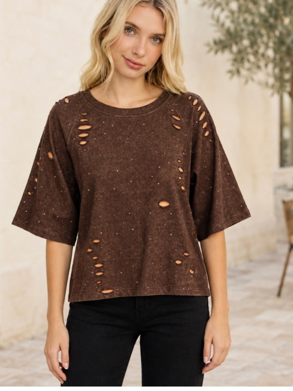 Relaxed Fit Distressed Crew Neck Half Sleeve Tee Shirt